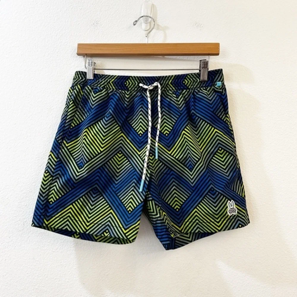 Psycho‎ Bunny Men's Adrian Chevron Zigzag Mesh Liner Swim Trunks Size Small